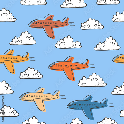 Hand drawn seamless vector pattern with planes and clouds.
