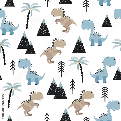Seamless pattern with cute dinosaurs. Vector dino background for kids in scandinavian style.