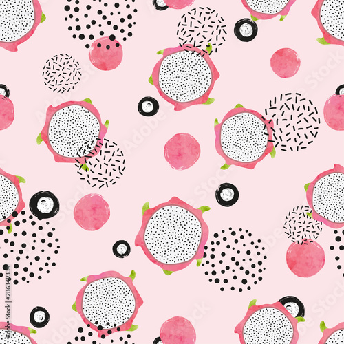 Seamless abstract pattern with dragon fruit slices.