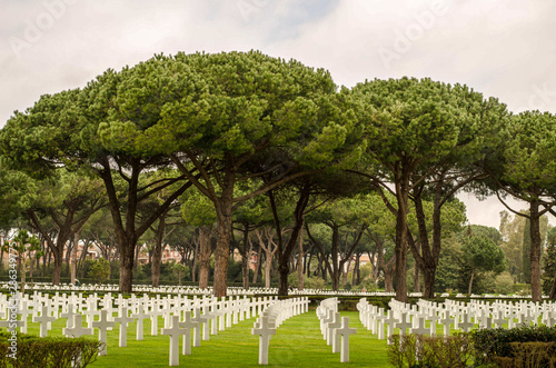 White crosses in American Cemetery. Sicily – Rome American Cemetery and Memorial in Nettuno Italy