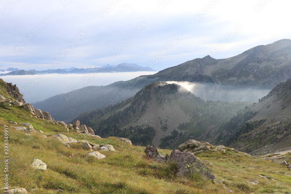 lake of clouds in the mountains, sea of fog with rocks and grass