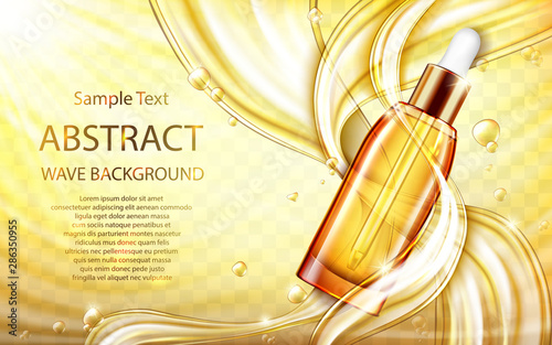 Cosmetic skin care oil or serum realistic vector poster. Glass pipette bottle with golden liquid, flowing streams or gold splashes flying drops on yellow transparent wavy background. Natural cosmetics