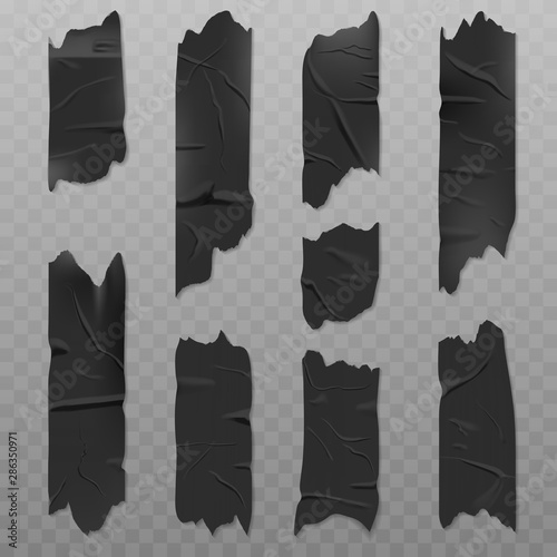 Black duct adhesive tape realistic vector illustration isolated on a transparent background. Badly glued with wrinkles, torn pieces of sticky scotch