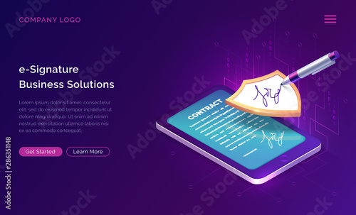 Electronic signature business solution concept vector isometric illustration. Online signing of contract on digital tablet screen, shield and stylus pen, purple landing web page for application