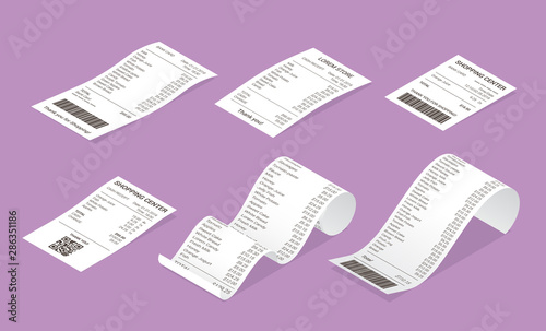 Isometric shop receipt set of realistic isolated vector illustrations. Direct and curled paper payment bills with barcode, goods and their price for credit card or cash transaction photo