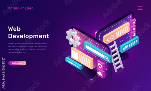 Web development isometric concept vector illustration. Software landing page template for creating customize website design, interface, computer monitor with 3D icons on ultraviolet background