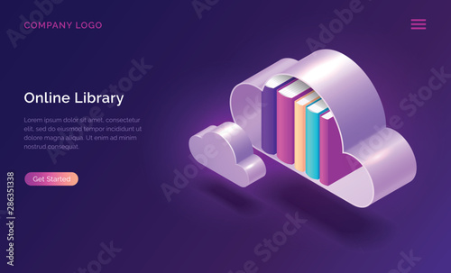 Online library isometric concept vector illustration. Virtual cloud shelf with books standing in it, isolated on purple background, landing page website for book storage, electronic reading