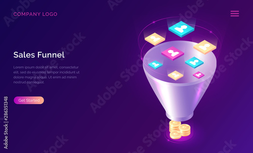 Sales funnel, isometric concept vector illustration. Marketing funnel with data drawn into it for analysis, optimization and sales generation, digital tool for profit growth. Template landing web page