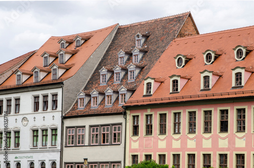 Naumburg, Germany - August, 06, 2019; unusual beautiful roofs in the center of an old German town