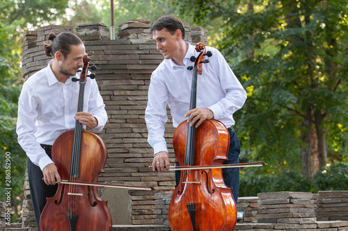 Cellist musician group perform music in the street, close up man playing violin