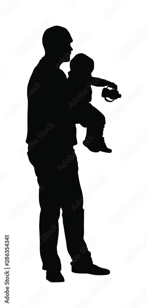 Awkward clumsy father with baby in hand vector silhouette. Little baby spill milk pacifier. Happy fathers day. Single parent take care about child. Divorced man with kid. Family values closeness, love