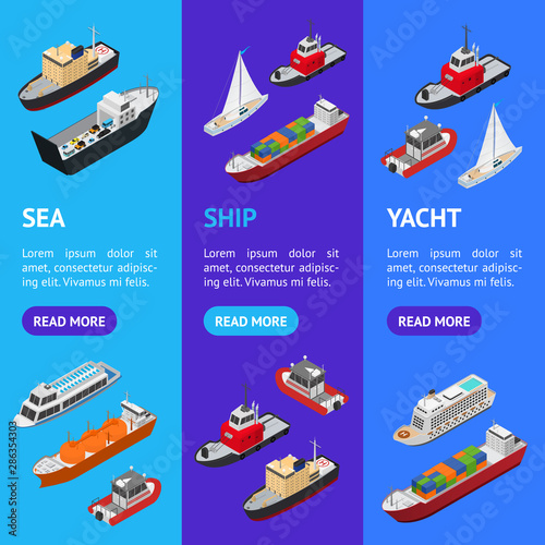 Commercial Sea Ships Signs 3d Banner Vecrtical Set Isometric View. Vector