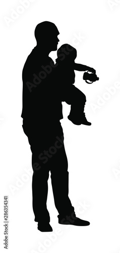 Awkward clumsy father with baby in hand vector silhouette. Little baby spill milk pacifier. Happy fathers day. Single parent take care about child. Divorced man with kid. Family values closeness  love