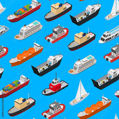 Commercial Sea Ships Signs 3d Seamless Pattern Background Isometric View. Vector