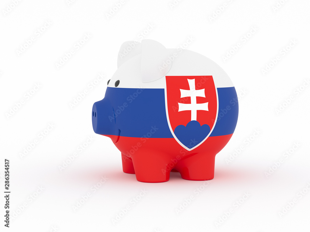 Finance, saving money, piggy bank on white background. Slovakia flag. 3d illustration.