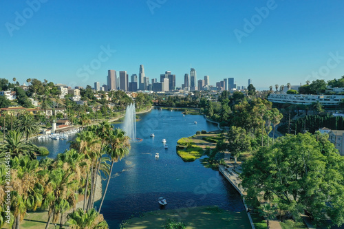 Aerial view of the lake in Echo Park in Los Angeles California