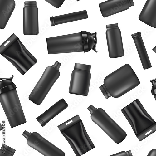 Realistic Detailed 3d Black Blank Sport Nutrition Containers Template Mockup Seamless Pattern Background. Vector