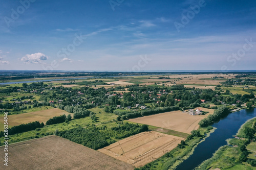 Aerial, rural view with a perfect sky on the Summer day