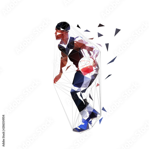 Basketball player running with ball, dribbling. Isolated vector low polygonal illustration, side view. Basketball point guard, geometric style