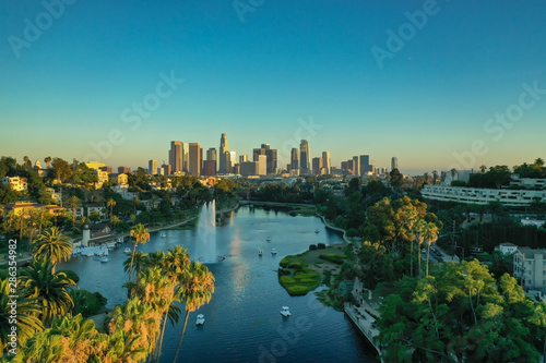 Amazing aerial view of Los Angeles from Echo Park during sunset