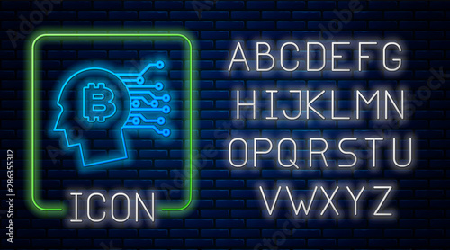 Glowing neon Bitcoin think icon on brick wall background. Cryptocurrency head. Blockchain technology, bitcoin, digital money market, cryptocoin wallet. Neon light alphabet. Vector Illustration