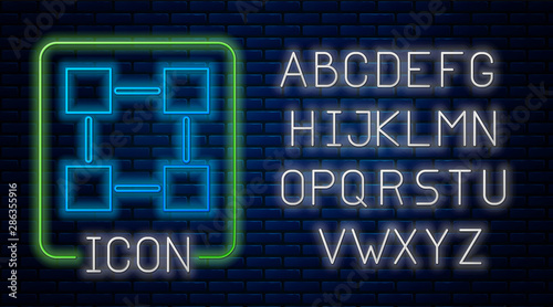 Glowing neon Blockchain technology icon isolated on brick wall background. Cryptocurrency data. Abstract geometric block chain network technology business. Neon light alphabet. Vector Illustration