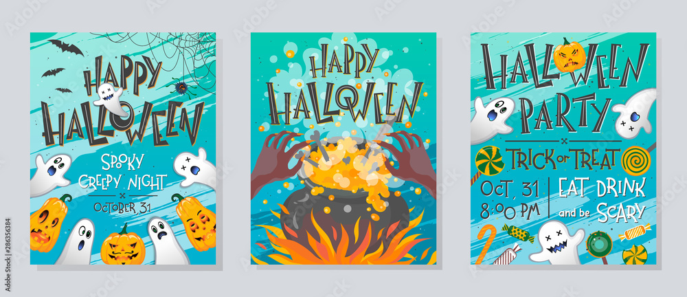 Set of Halloween posters with pumpkins,ghosts,sweets,witch cauldron and spider web.Halloween design perfect for prints,flyers,banners invitations,greetings.Vector Halloween illustrations.