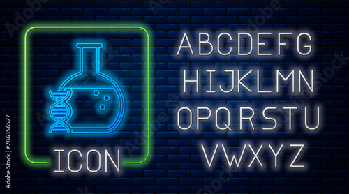 Glowing neon DNA research, search icon isolated on brick wall background. Genetic engineering, genetics testing, cloning, paternity testing. Neon light alphabet. Vector Illustration