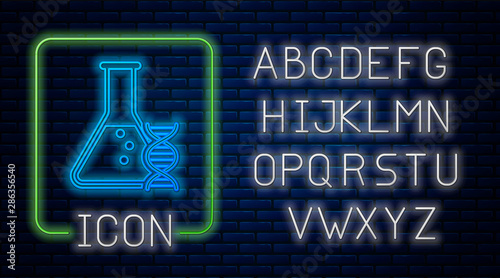 Glowing neon DNA research, search icon isolated on brick wall background. Genetic engineering, genetics testing, cloning, paternity testing. Neon light alphabet. Vector Illustration