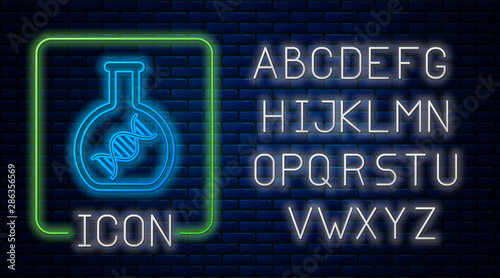 Glowing neon DNA research, search icon isolated on brick wall background. Genetic engineering, genetics testing, cloning, paternity testing. Neon light alphabet. Vector Illustration