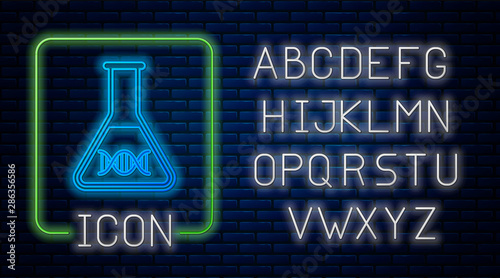 Glowing neon DNA research, search icon isolated on brick wall background. Genetic engineering, genetics testing, cloning, paternity testing. Neon light alphabet. Vector Illustration