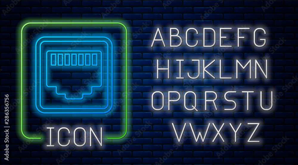 Glowing neon Network port - cable socket icon isolated on brick wall ...