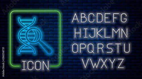 Glowing neon DNA research, search icon isolated on brick wall background. Magnifying glass and dna chain. Genetic engineering, cloning, paternity testing. Neon light alphabet. Vector Illustration