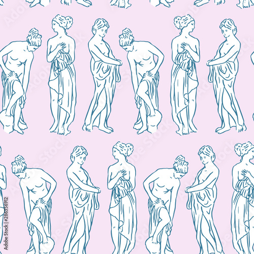 Vector greek statues seamless pattern. Ancient sculpture of goddess: Diana, Athena, Venus, Feminine girlfriends design.