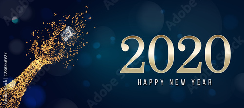 2020 New Year. 2020 Happy New Year greeting card. 2020 Happy New Year background. 2020 Happy New Year background with gold glitter champagne bottle.