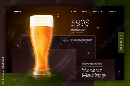 Vector realistic 3d beer glass on bright modern site template with typographic background. Mock-up for product package branding.