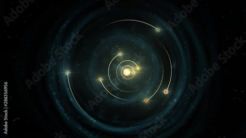 Crane of a diagram of all the planets of the solar system, the sun moves through the universe and each planet rotates in orbit on its own sketched path.