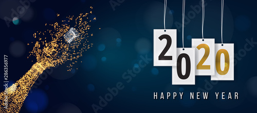 2020 New Year. 2020 Happy New Year greeting card. 2020 Happy New Year background. 2020 Happy New Year background with gold glitter champagne bottle.