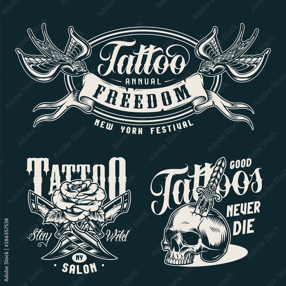 Plakat Vintage tatuaż studio monochromatyczne odznaki