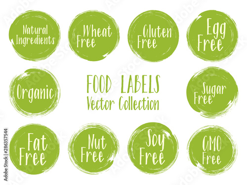 Vector organic labels, natural ingredients emblems, sugar free icon for natural products packaging.