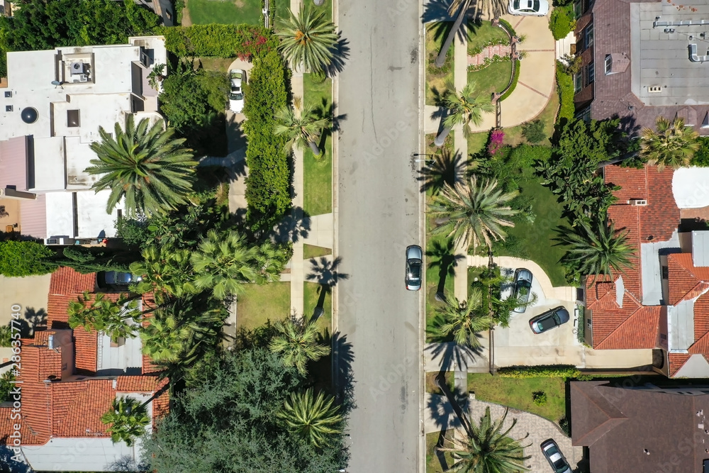 Drone view of a street in Beverly Hills, California