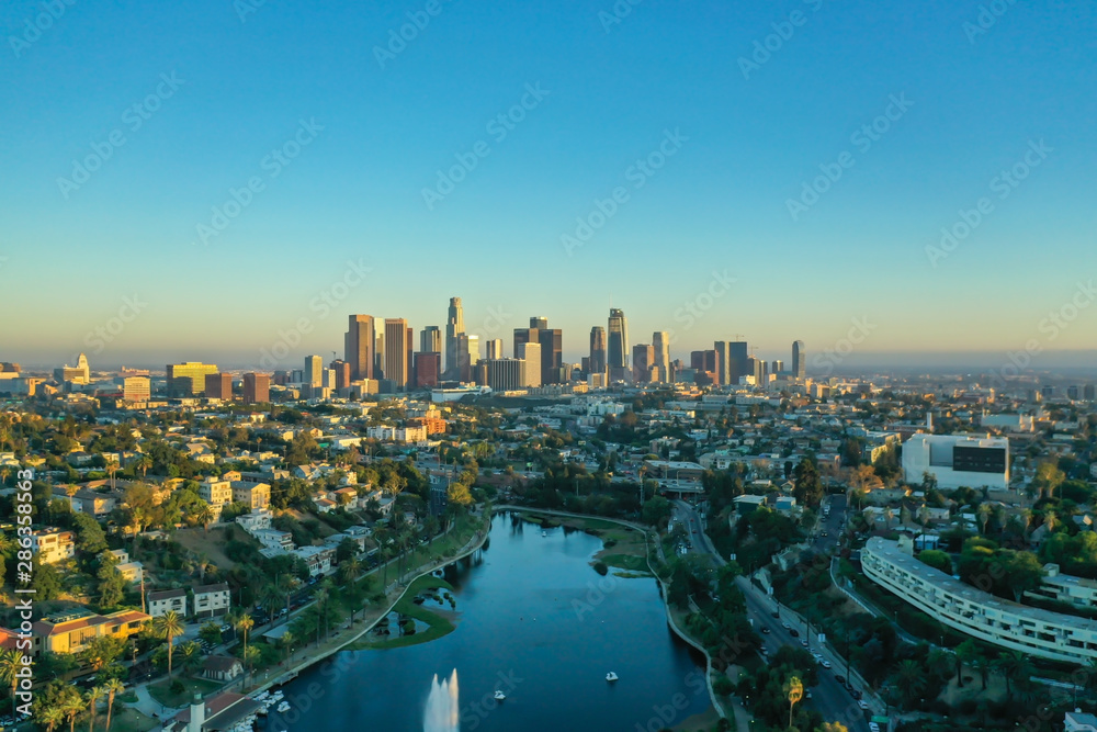 Echo Park and downtown of Los Angeles in the sunset