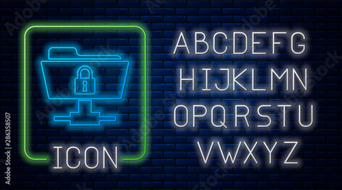 Glowing neon FTP folder and lock icon on brick wall background. Concept of software update, ftp transfer protocol. Security, safety, protection concept. Neon light alphabet. Vector Illustration