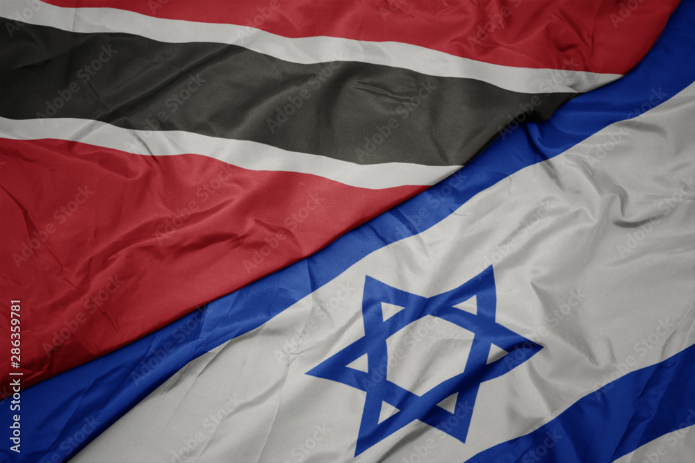 waving colorful flag of israel and national flag of trinidad and tobago. waving colorful flag of israel and national flag of trinidad and tobago.