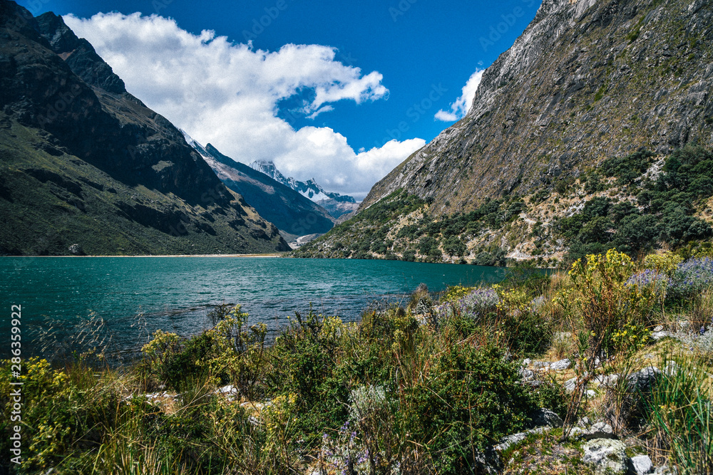 Lake View on Santa Cruz Trek in Huscaran National Park in the Cordillera Blanca in Northern Peru 