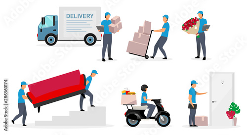 Delivery service flat vector illustrations set. Couriers, deliveryman, posman, loader with parcels isolated cartoon characters on white background. Door to door, flowers, food delivery concepts