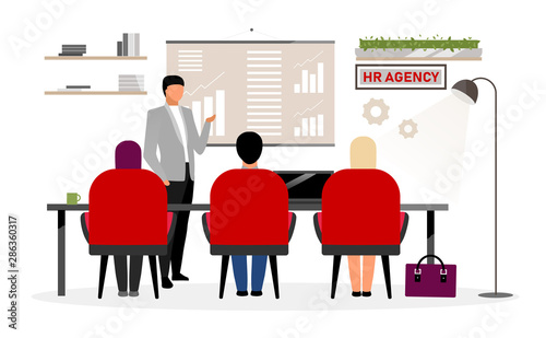 HR agency workers meeting flat vector illustration. Boss, top manager making presentation, report. Chief expert giving instructions to headhunters, talent scouts about staff, personnel requirements