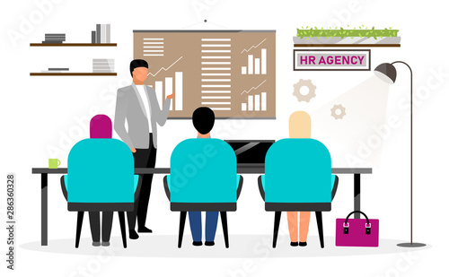 Job search interview flat vector illustration. HR agency specialist meeting with candidates. Recruiting company expert explaining professional duties to applicants. Headhunters in conference room