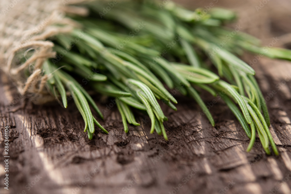 cut rosemary leaves on old wooden table cut rosemary leaves on old wooden table