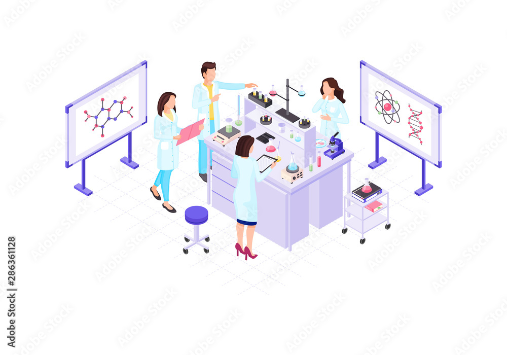 Scientists, chemists, geneticist, research worker isometric color vector illustration